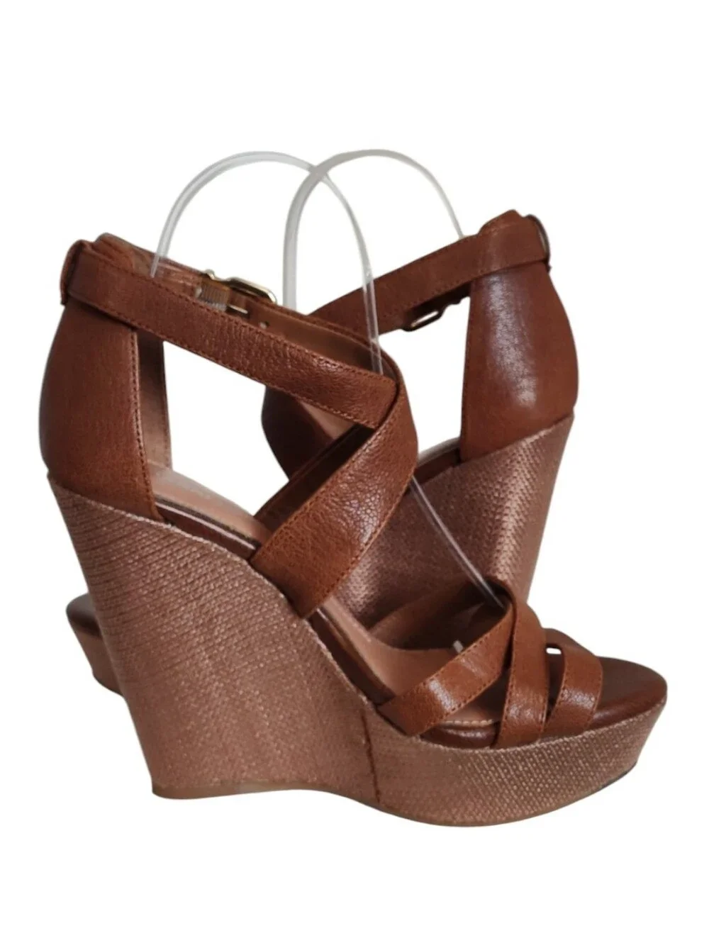 Gianni Bini Brown Leather Crisscross Strappy Platform Wedges 7.5
